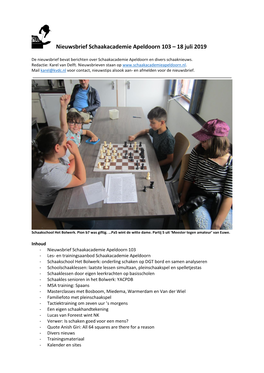 Nieuwsbrief Schaakacademie Apeldoorn 103 – 18 Juli 2019