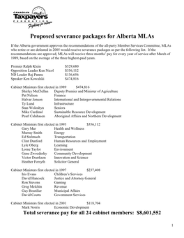 Proposed Severance Packages for Alberta Mlas