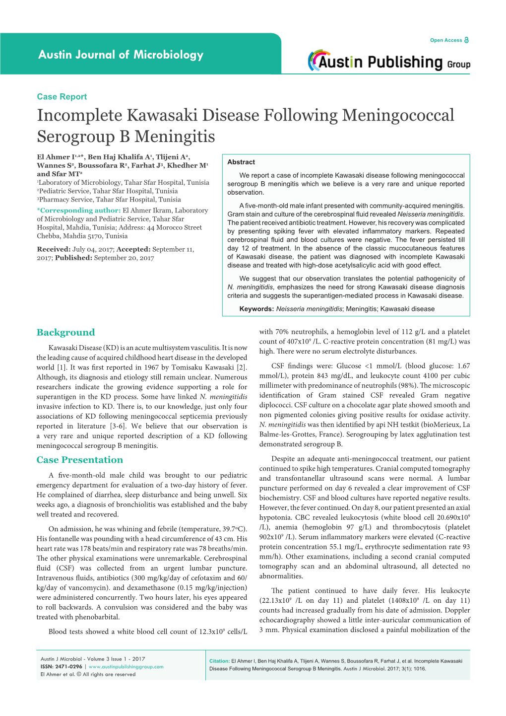 Incomplete Kawasaki Disease Following Meningococcal Serogroup B Meningitis