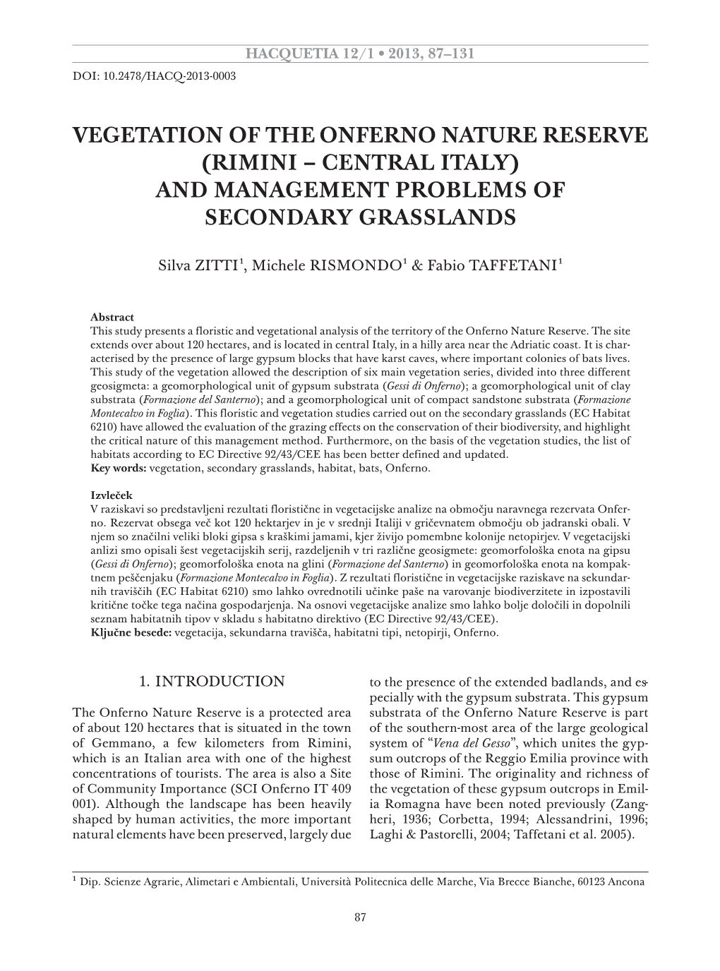 Vegetation of the Onferno Nature Reserve (Rimini – CENTRAL ITALY) and Management Problems of Secondary Grasslands
