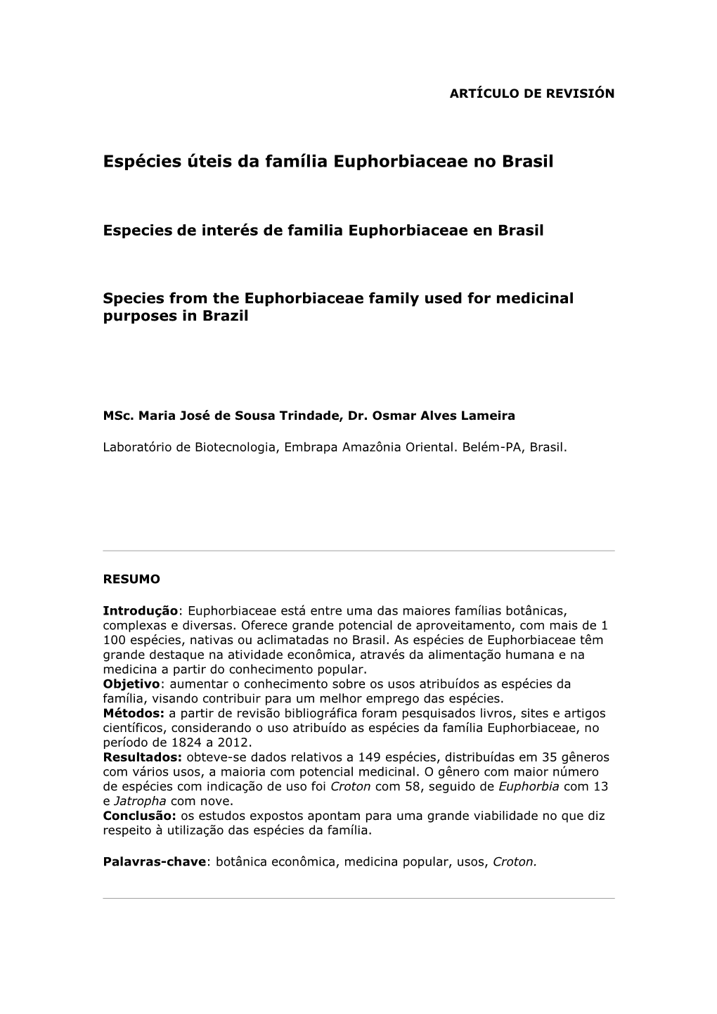 Espécies Úteis Da Família Euphorbiaceae No Brasil