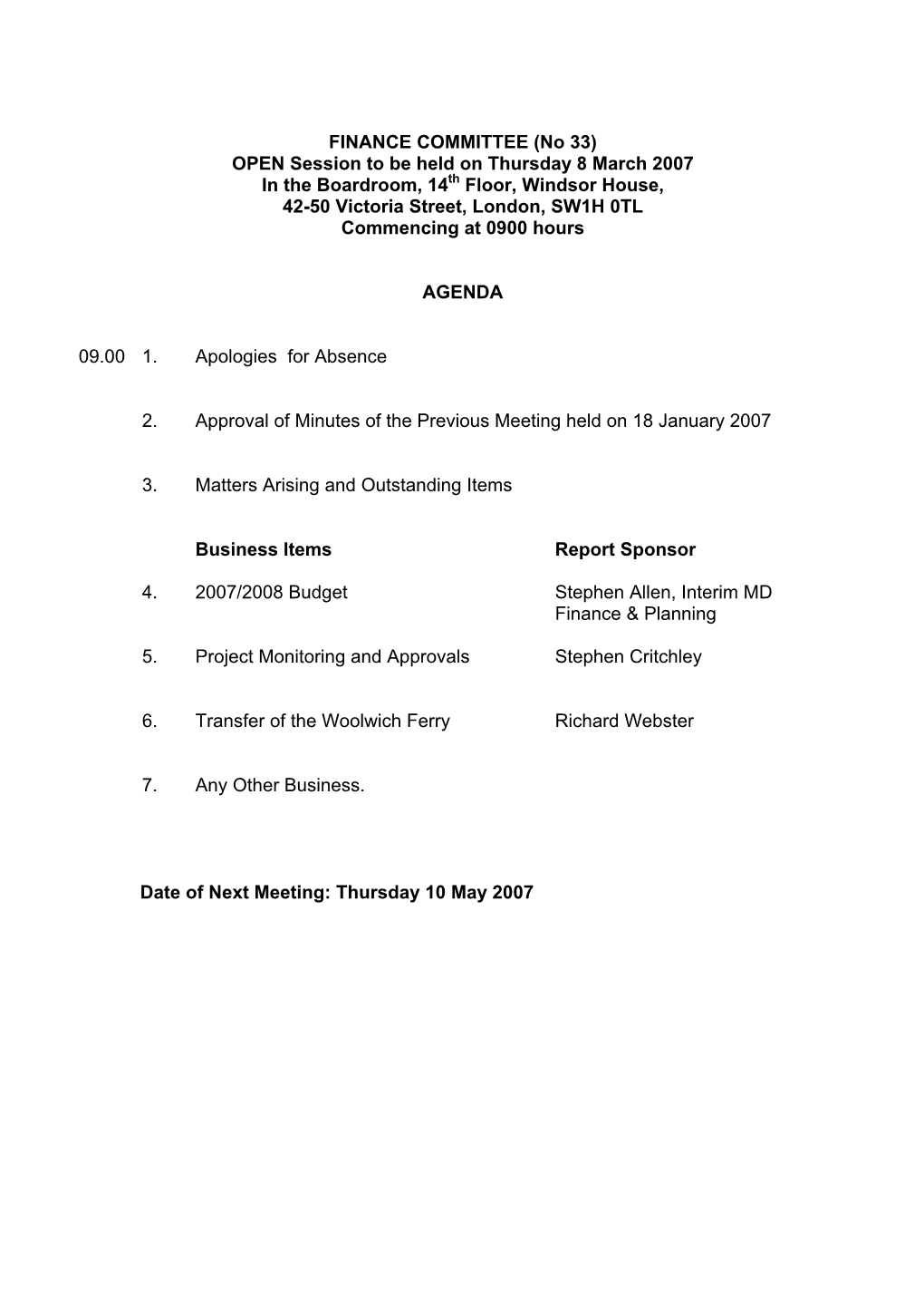 Finance Committee Agenda and Papers 08.03.07