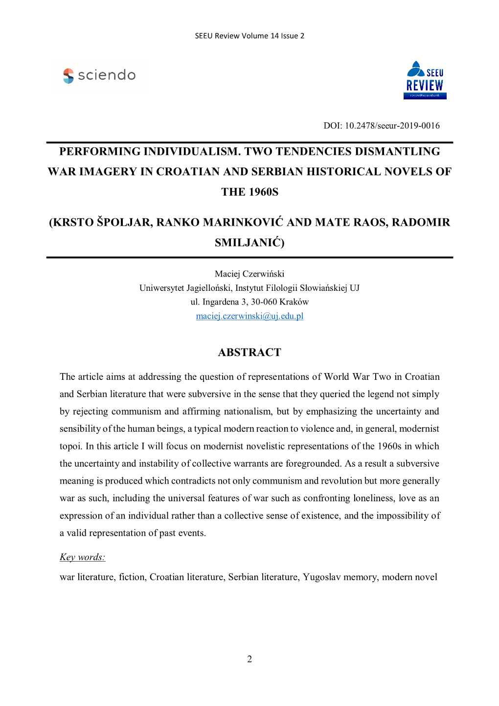 Performing Individualism. Two Tendencies Dismantling War Imagery in Croatian and Serbian Historical Novels of the 1960S