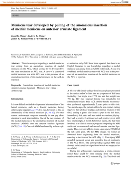 Meniscus Tear Developed by Pulling of the Anomalous Insertion of Medial Meniscus on Anterior Cruciate Ligament
