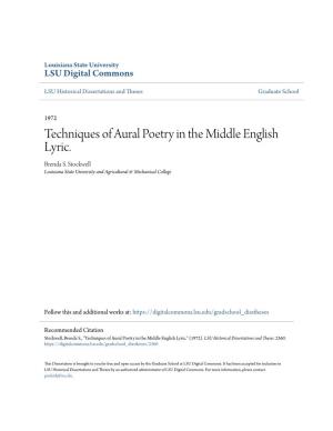 Techniques of Aural Poetry in the Middle English Lyric. Brenda S