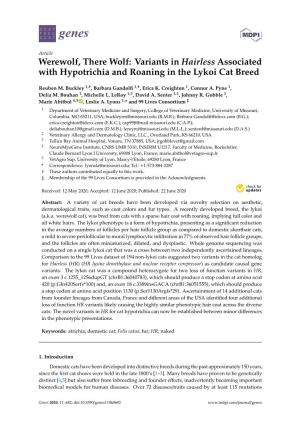 Werewolf, There Wolf: Variants in Hairless Associated with Hypotrichia and Roaning in the Lykoi Cat Breed