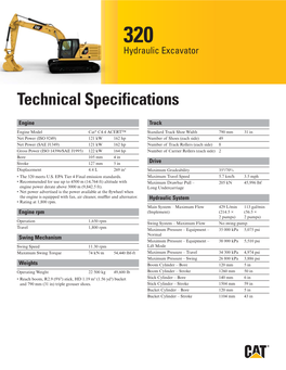 Technical Specifications for 320 Hydraulic Excavator, AEXQ2161-01