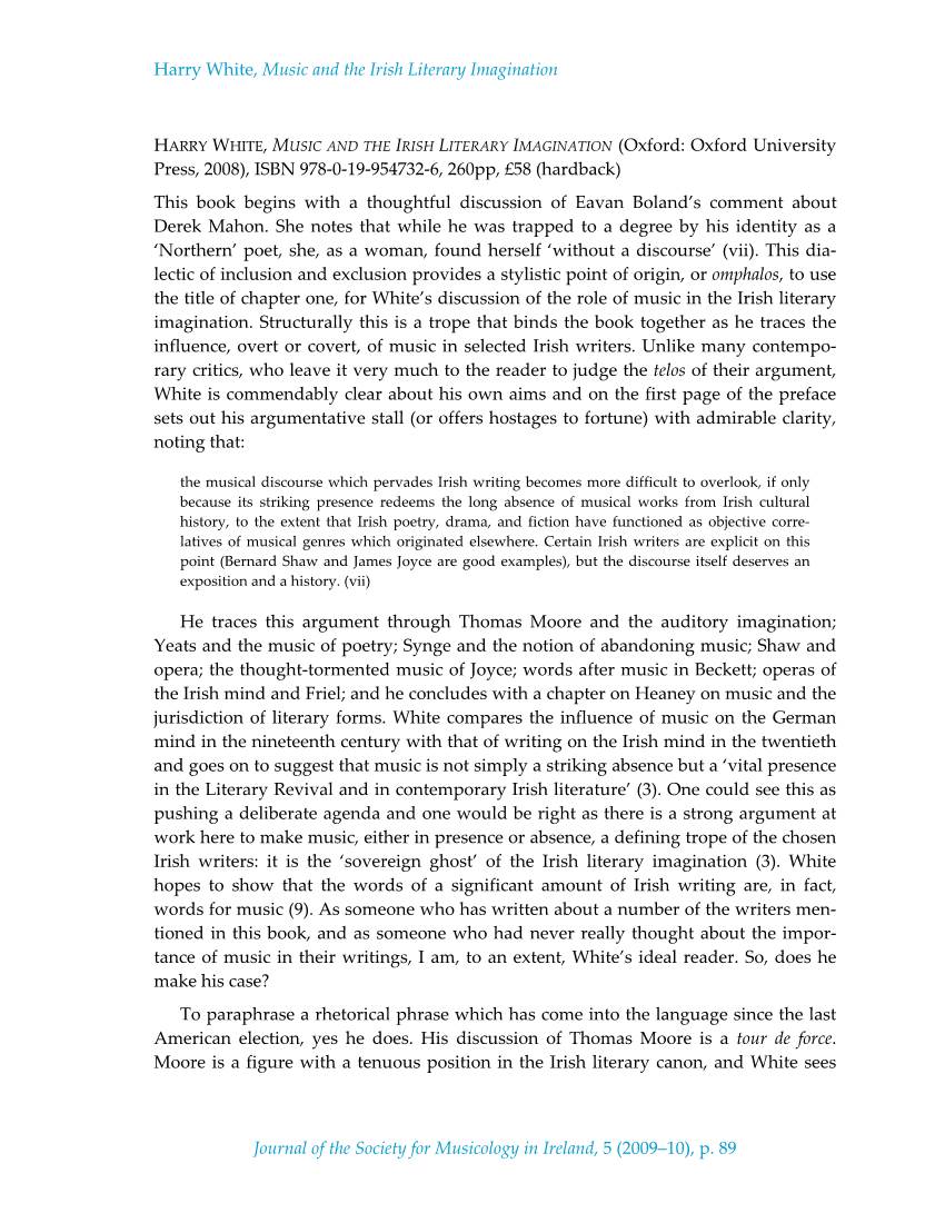Harry White, Music and the Irish Literary Imagination Journal of the Society for Musicology in Ireland, 5 (2009–10), P. 89