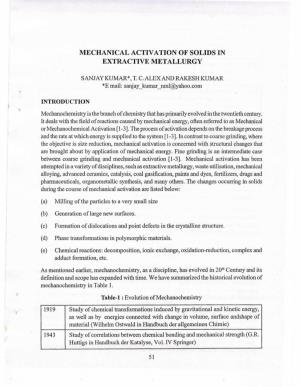 Mechanical Activation of Solids in Extractive Metallurgy