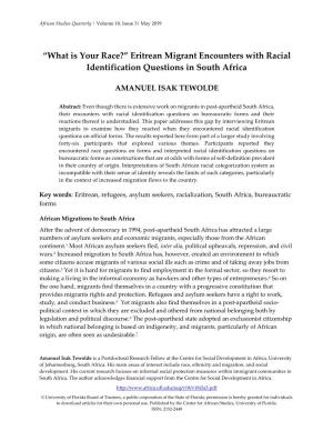 “What Is Your Race?” Eritrean Migrant Encounters with Racial Identification Questions in South Africa