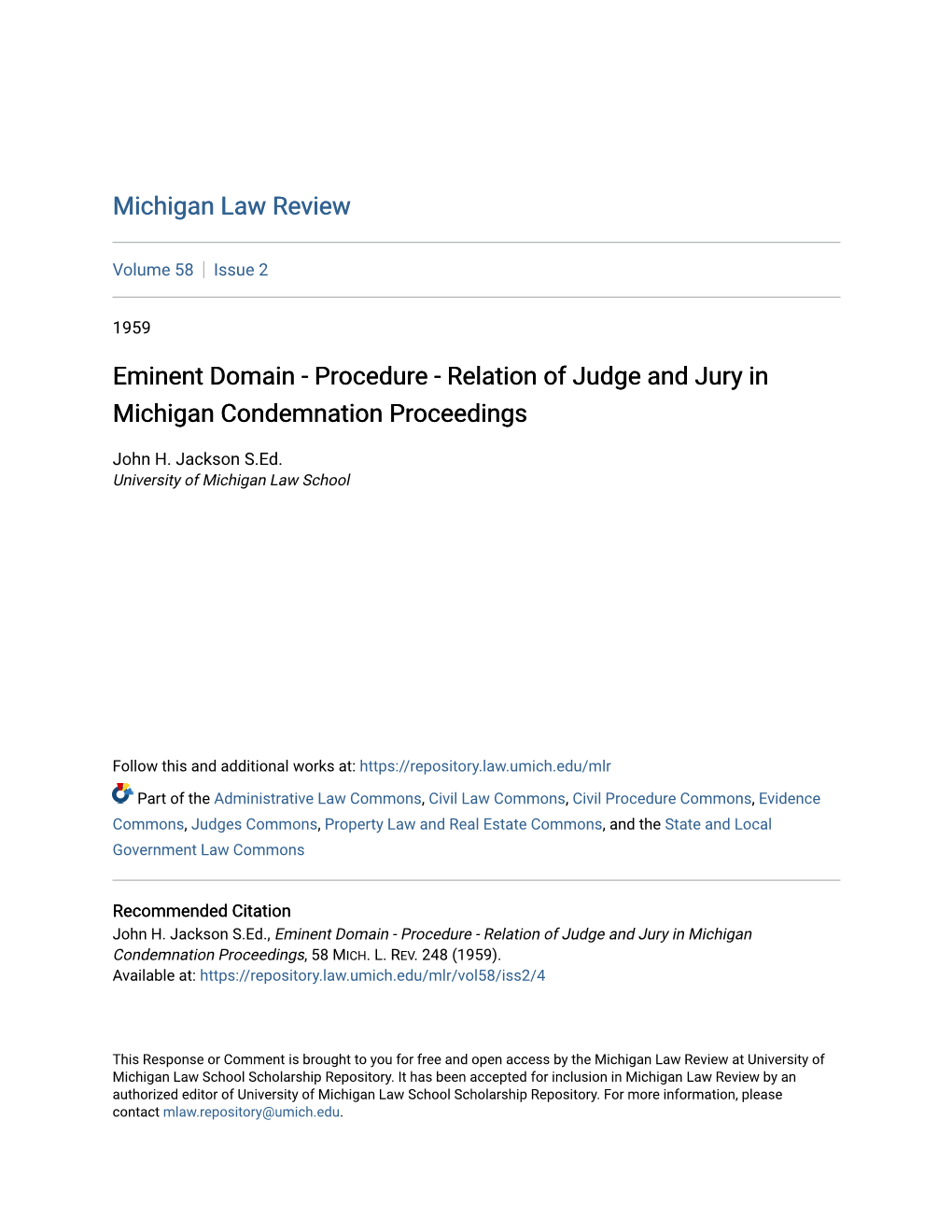 Eminent Domain - Procedure - Relation of Judge and Jury in Michigan Condemnation Proceedings