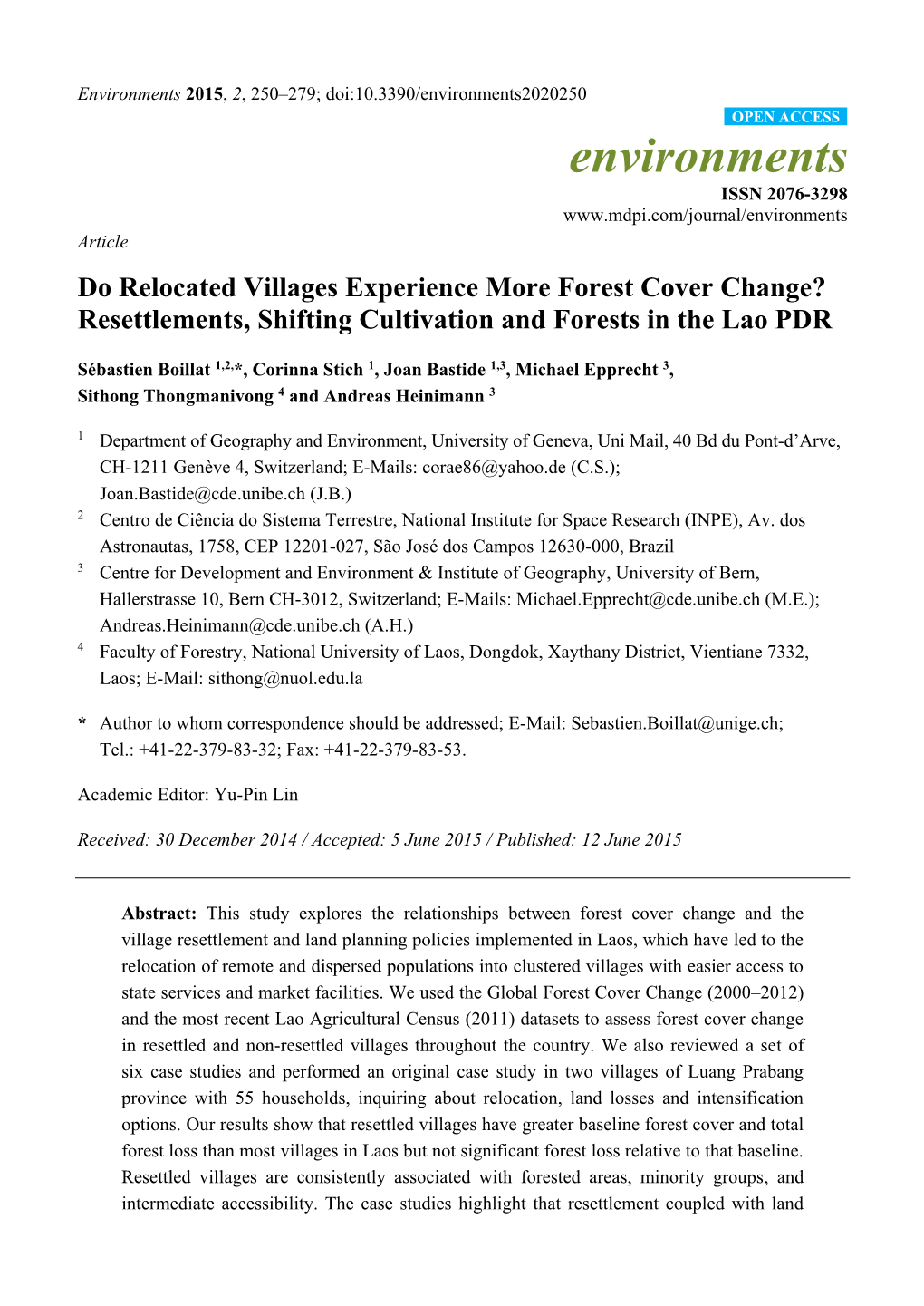 Do Relocated Villages Experience More Forest Cover Change? Resettlements, Shifting Cultivation and Forests in the Lao PDR