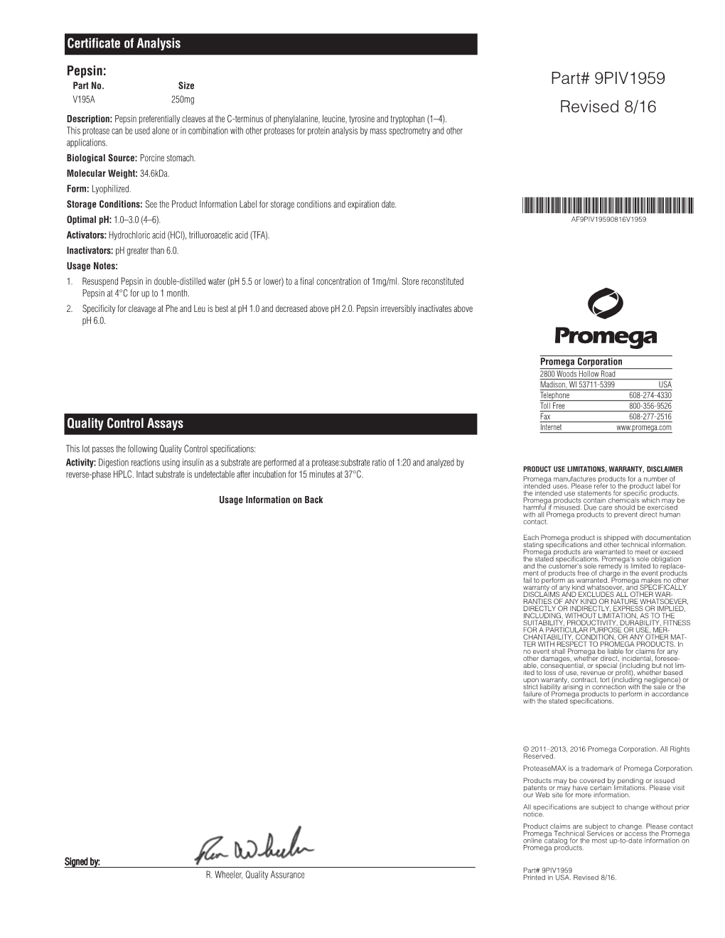 Pepsin Certificate of Analysis 9PIV1959