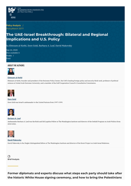 The UAE-Israel Breakthrough: Bilateral and Regional Implications and U.S