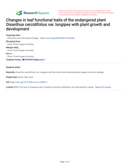 Changes in Leaf Functional Traits of the Endangered Plant Disanthus Cercidifolius Var