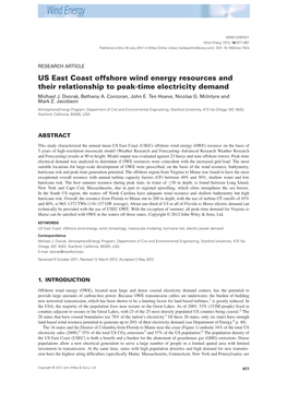US East Coast Offshore Wind Energy Resources and Their Relationship to Peak-Time Electricity Demand Michael J