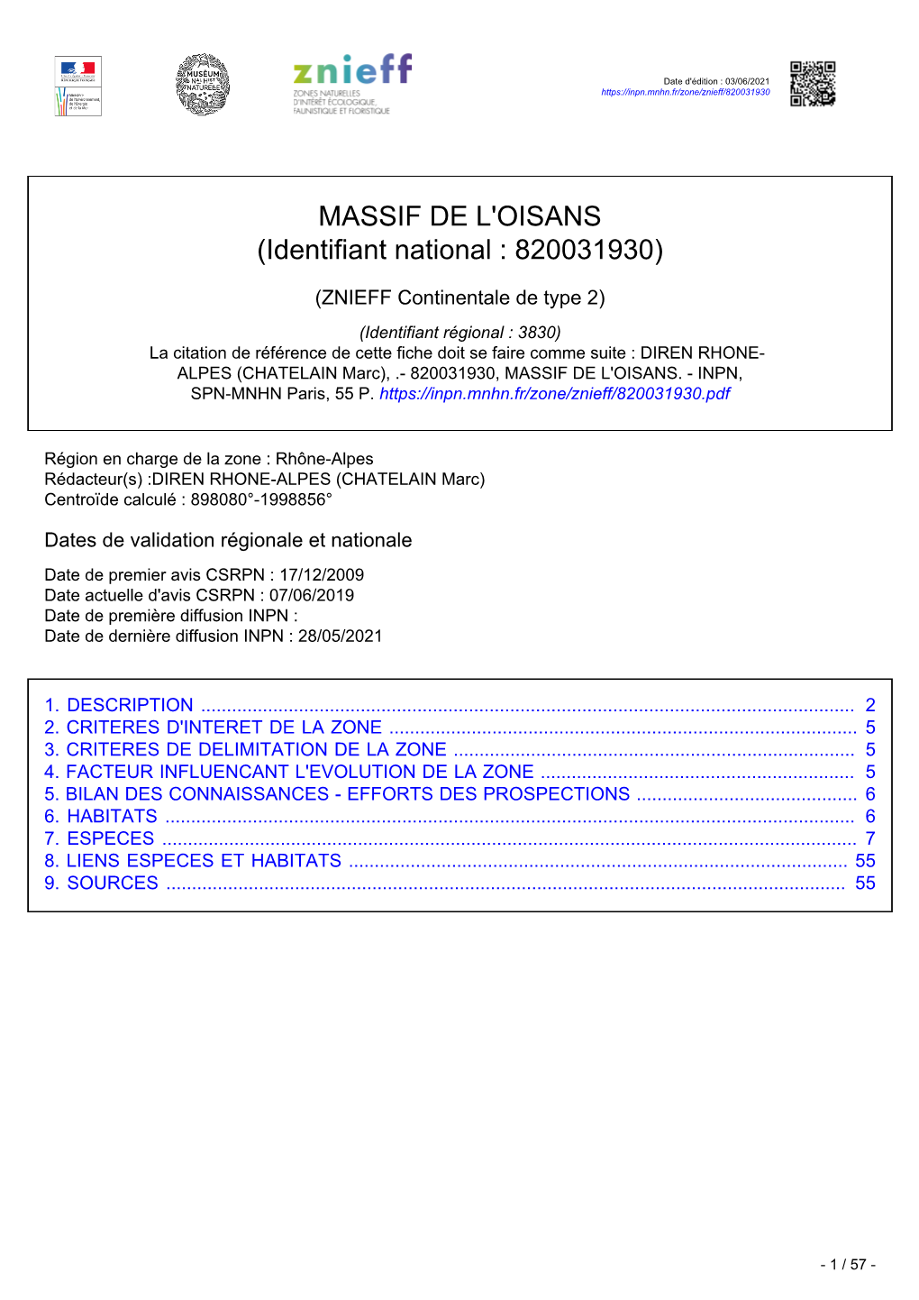 MASSIF DE L'oisans (Identifiant National : 820031930)