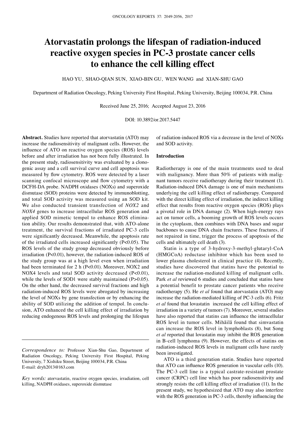 Atorvastatin Prolongs the Lifespan of Radiation‑Induced Reactive Oxygen Species in PC‑3 Prostate Cancer Cells to Enhance