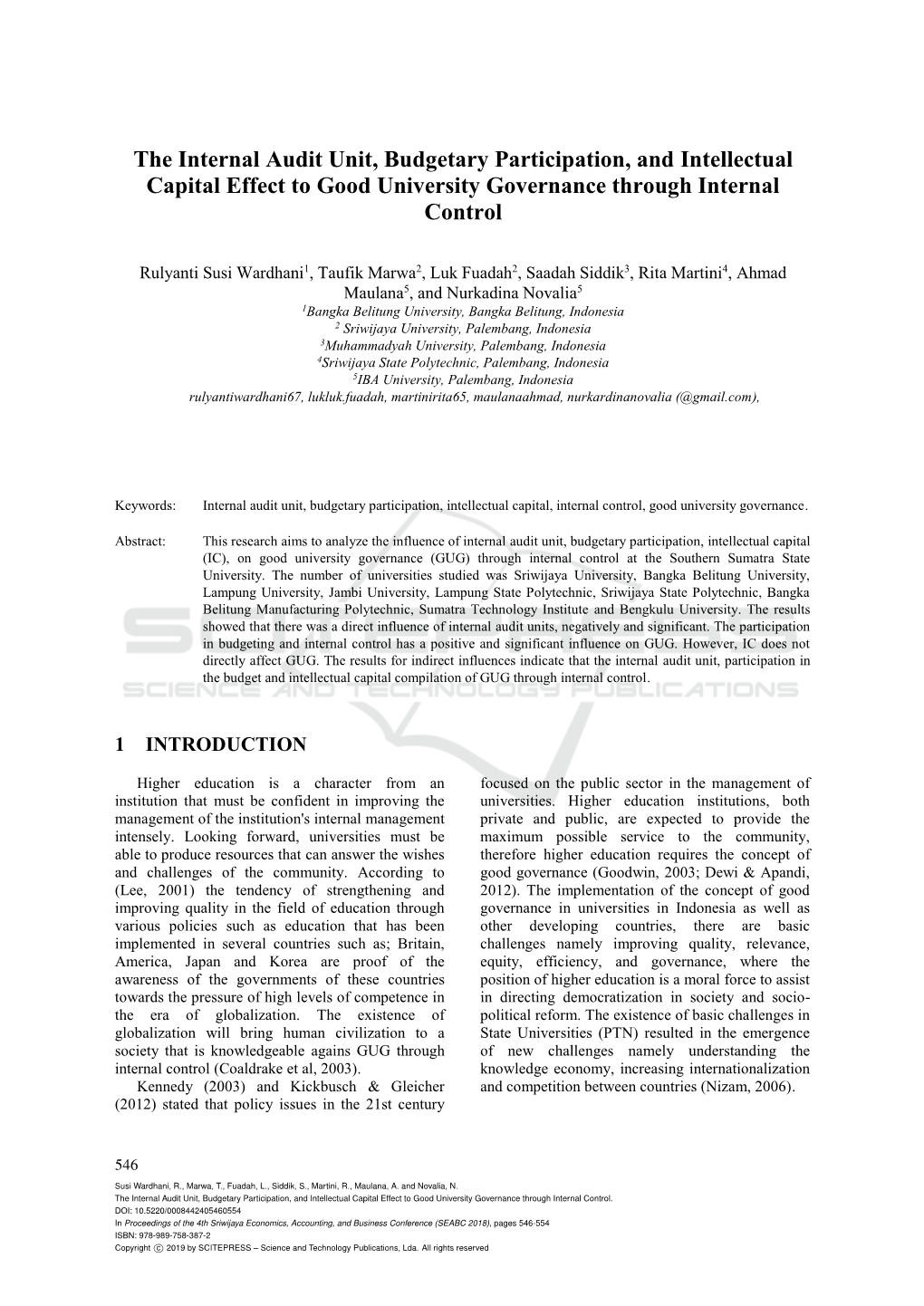 The Internal Audit Unit, Budgetary Participation, and Intellectual Capital Effect to Good University Governance Through Internal Control