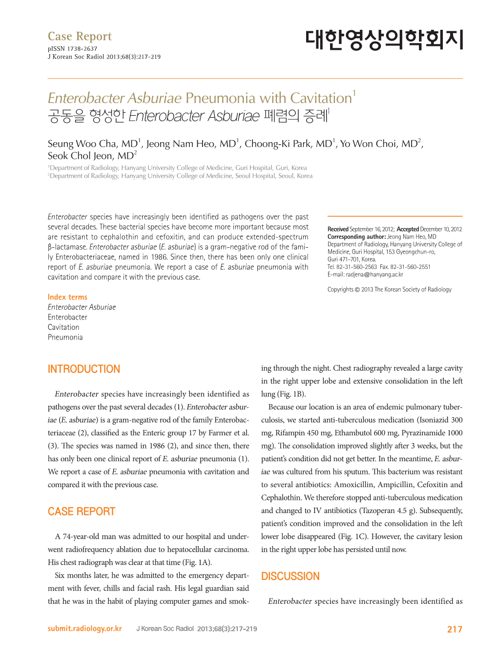 Enterobacter Asburiae Pneumonia with Cavitation1 공동을 형성한 Enterobacter Asburiae 폐렴의 증례1