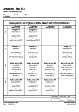 African Games - Rabat 2019 ORDER of PLAY Mercredi 28 Août 2019