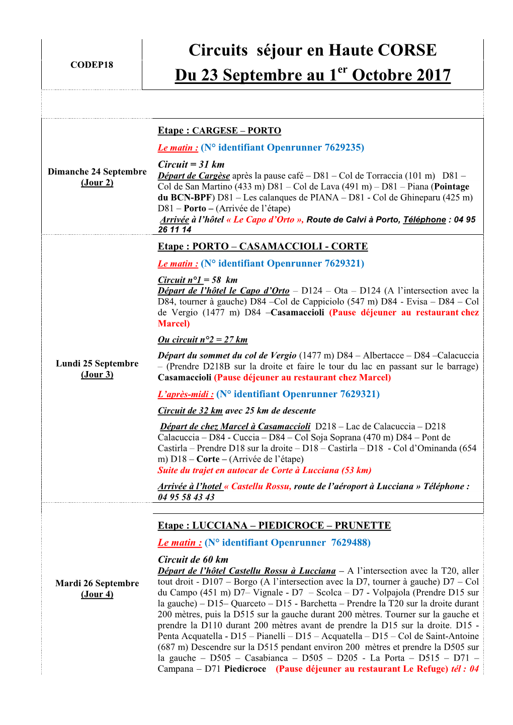 Circuits Séjour En Haute CORSE Du 23 Septembre Au 1 Octobre 2017