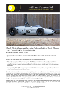 1961 Gemini Mk3a Formula Junior Chassis Number: FJ Mk3/2/61