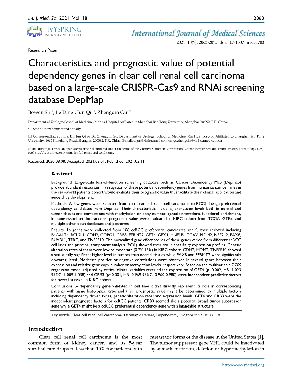 Characteristics and Prognostic Value of Potential Dependency Genes In