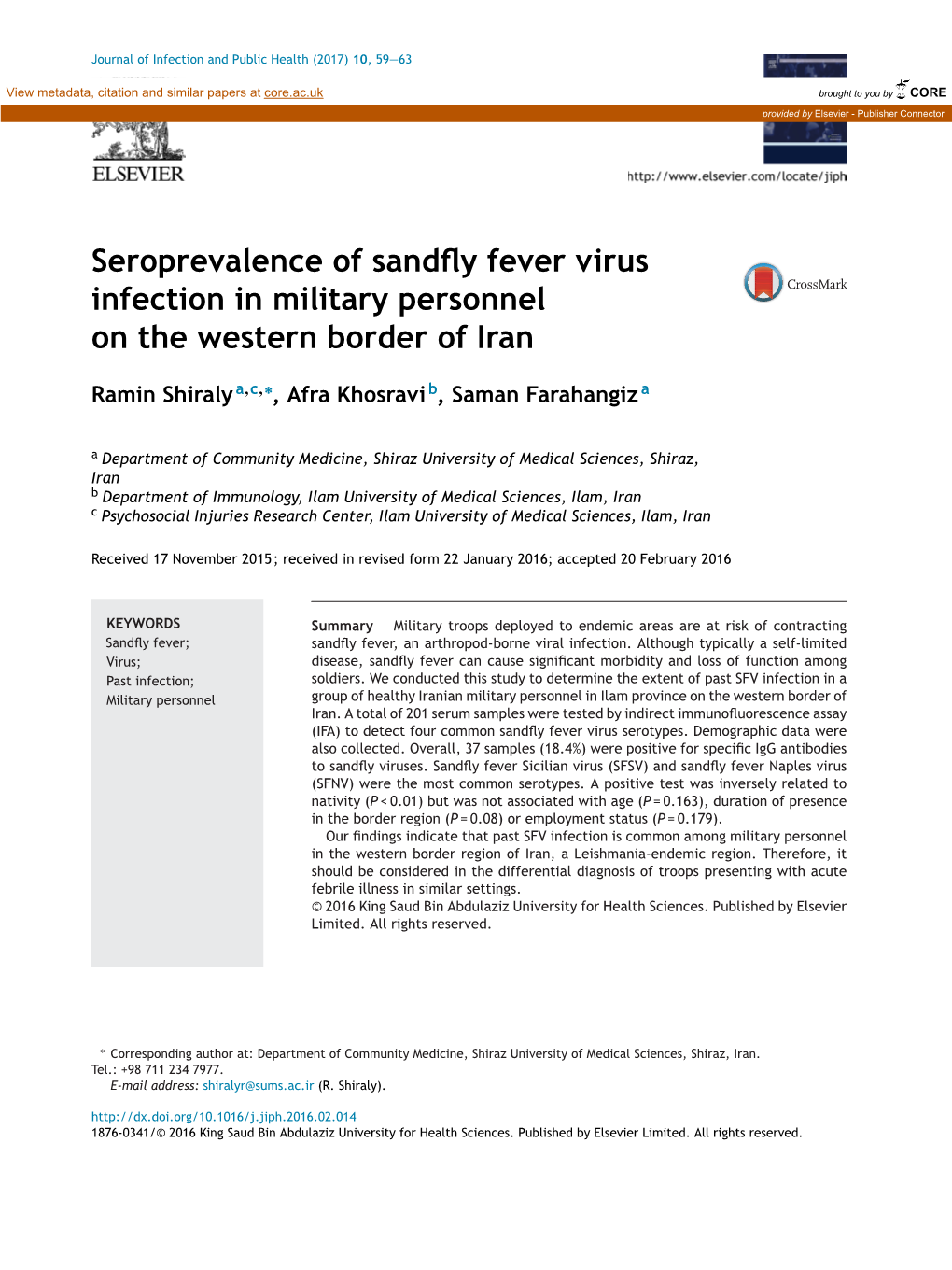 Seroprevalence of Sandfly Fever Virus Infection in Military Personnel On