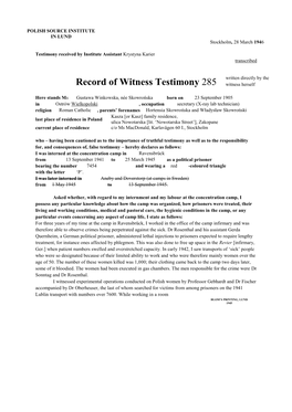 Record of Witness Testimony 285 Witness Herself