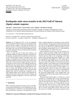 Earthquake Static Stress Transfer in the 2013 Gulf of Valencia (Spain) Seismic Sequence