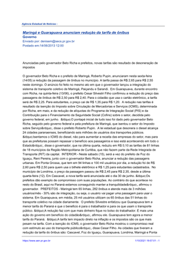 Maringá E Guarapuava Anunciam Redução Da Tarifa De Ônibus Governo Enviado Por: Denisem@Secs.Pr.Gov.Br Postado Em:14/06/2013 12:00