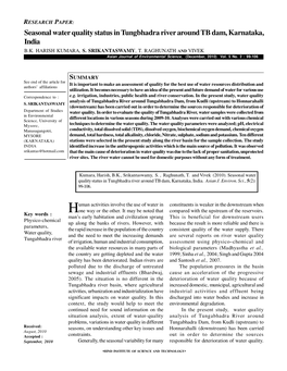 Seasonal Water Quality Status in Tungbhadra River Around TB Dam, Karnataka, India B.K