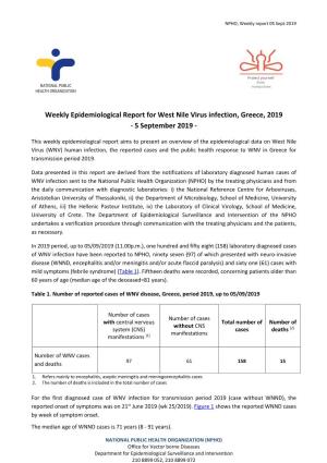 Weekly Epidemiological Report for West Nile Virus Infection, Greece, 2019 - 5 September 2019 - 1
