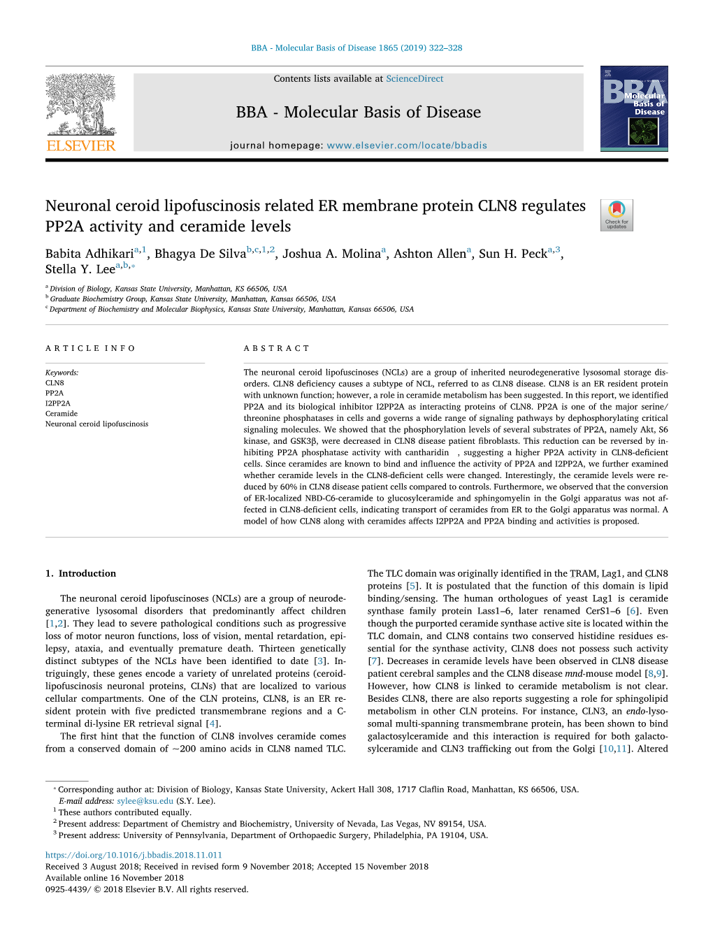 Neuronal Ceroid Lipofuscinosis Related ER Membrane Protein CLN8 Regulates PP2A Activity and Ceramide Levels T