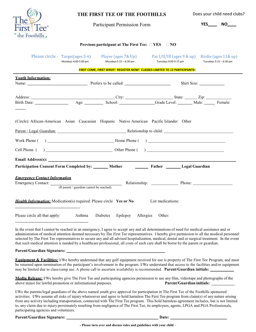 THE FIRST TEE of the FOOTHILLS Participant Permission Form