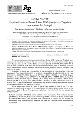 Stephanitis Takeyai Drake & Maa, 1955 (Hemiptera: Tingidae), New Species for Portugal