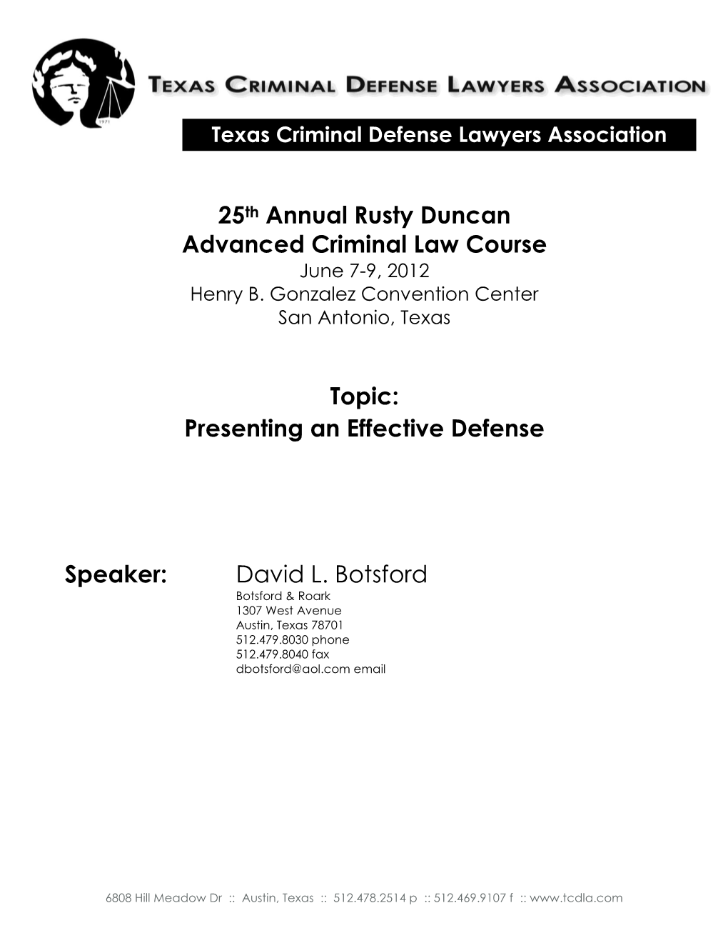 25Th Annual Rusty Duncan Advanced Criminal Law Course Topic