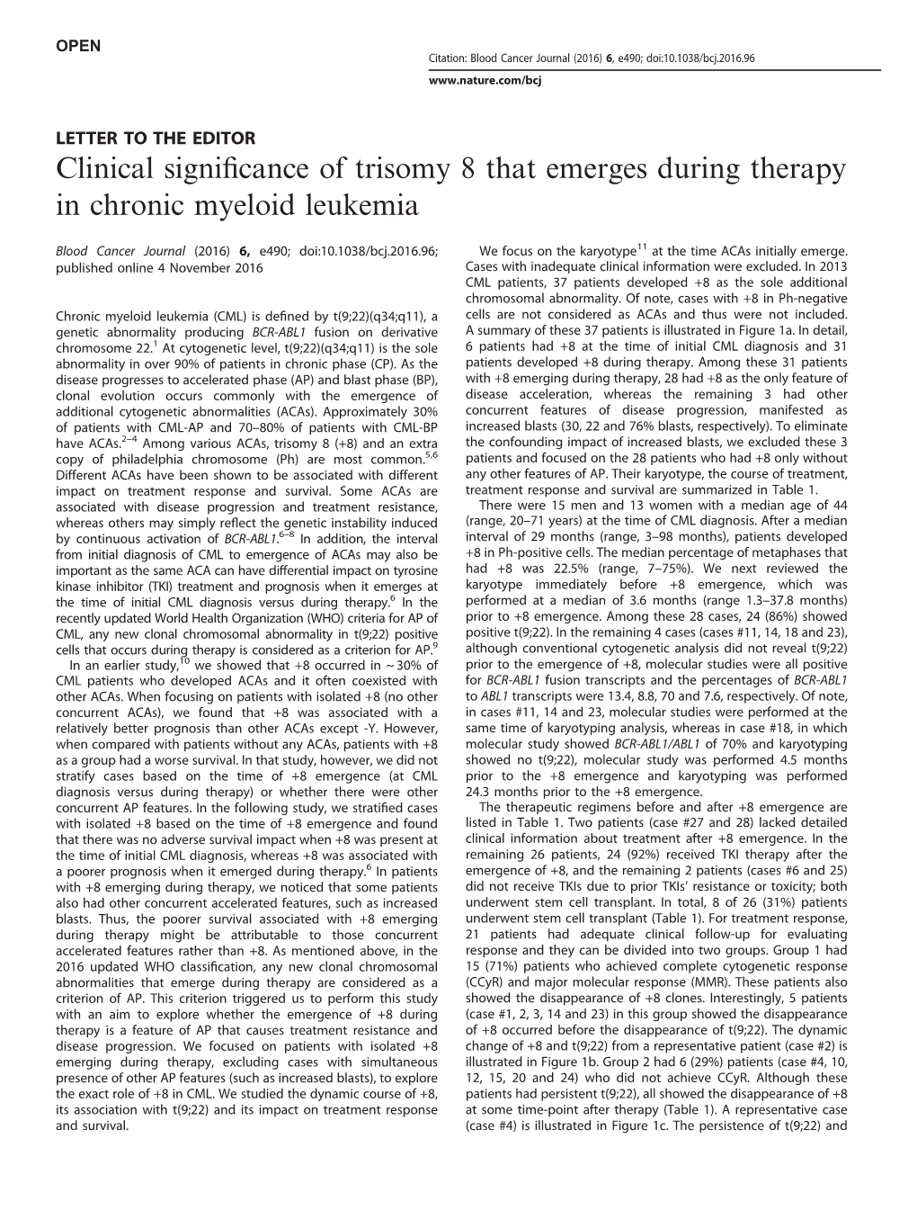 Clinical Significance of Trisomy 8 That Emerges During Therapy in Chronic