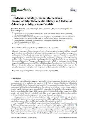 Headaches and Magnesium: Mechanisms, Bioavailability, Therapeutic Eﬃcacy and Potential Advantage of Magnesium Pidolate