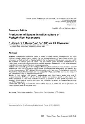 Production of Lignans in Callus Culture of Podophyllum Hexandrum
