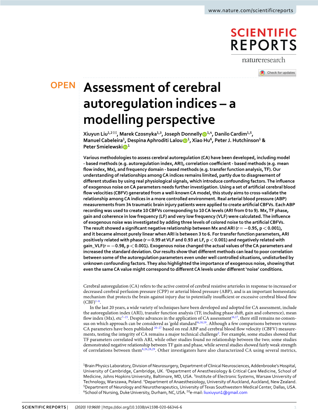 Assessment of Cerebral Autoregulation Indices