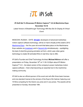 Ipi Soft Set to Showcase Ipi Motion Capture™ 2.0 at Machinima Expo