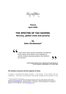 THE SPECTRE of TAX HAVENS: Secrecy, Global Crisis and Poverty