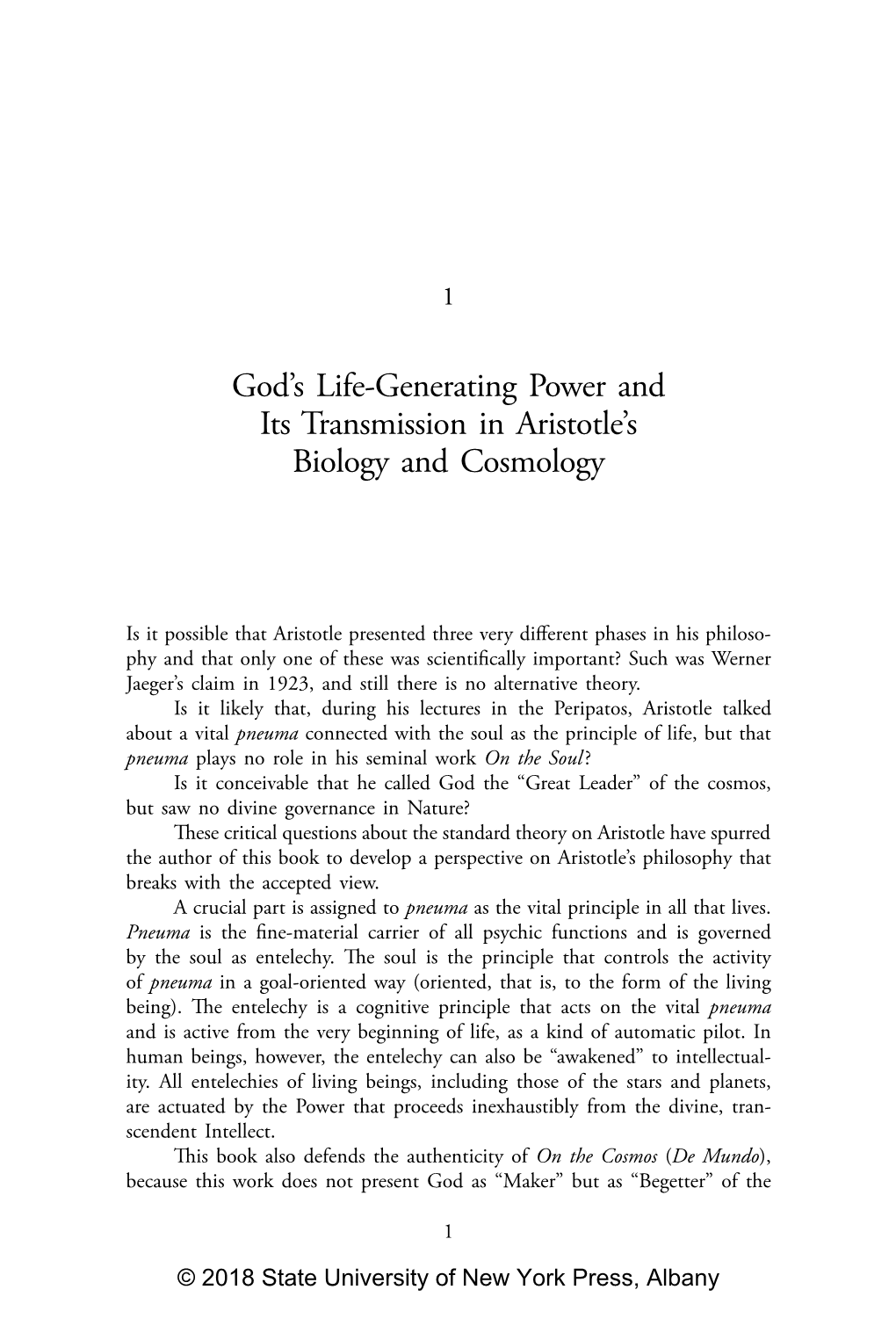 God's Life-Generating Power and Its Transmission in Aristotle's Biology