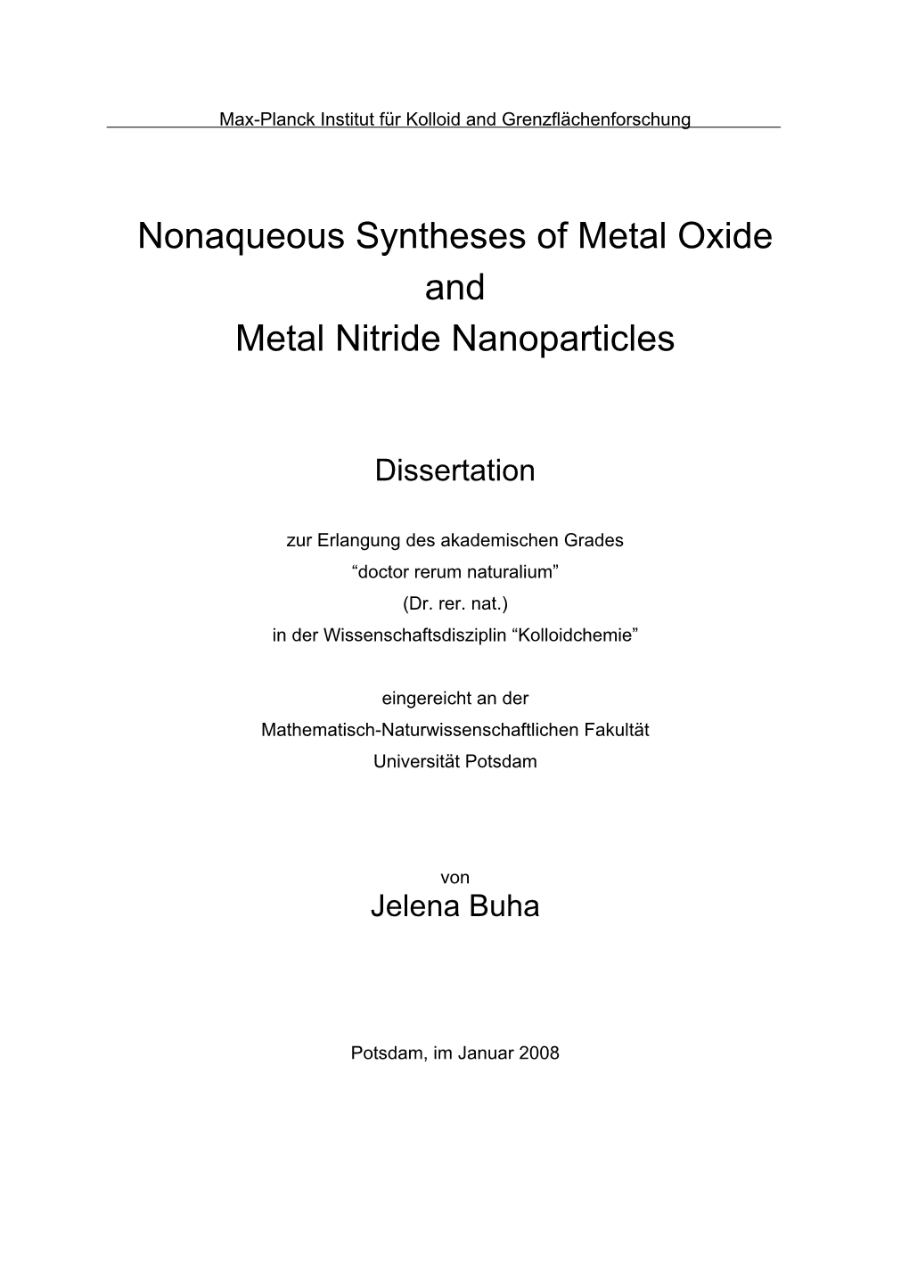 Nonaqueous Syntheses of Metal Oxide and Metal Nitride Nanoparticles