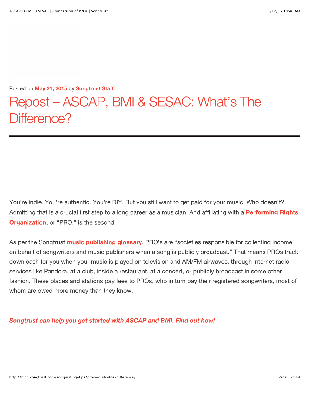 ASCAP Vs BMI Vs SESAC | Comparison of Pros | Songtrust 8/17/15 10:46 AM