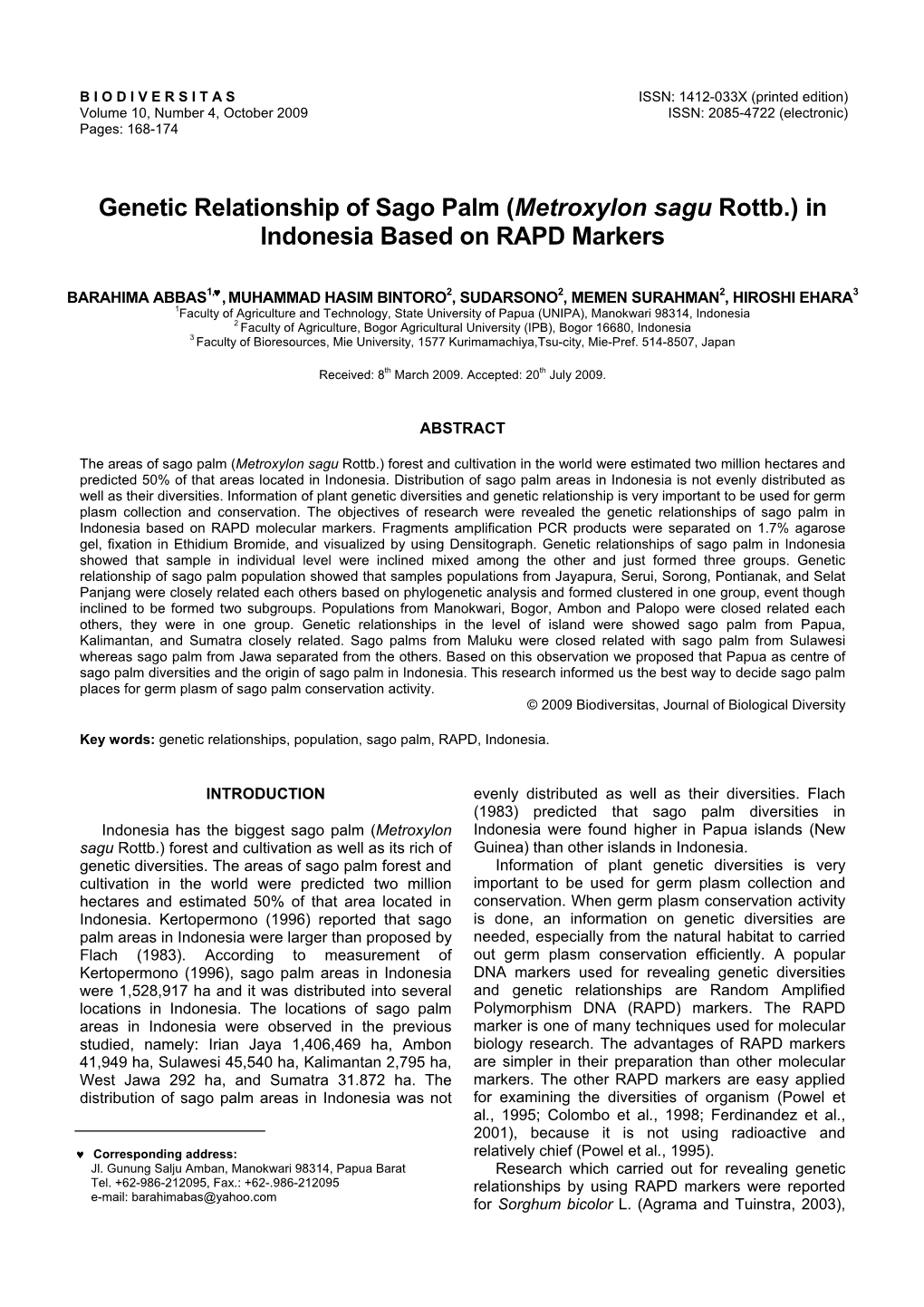 (Metroxylon Sagu Rottb.) in Indonesia Based on RAPD Markers