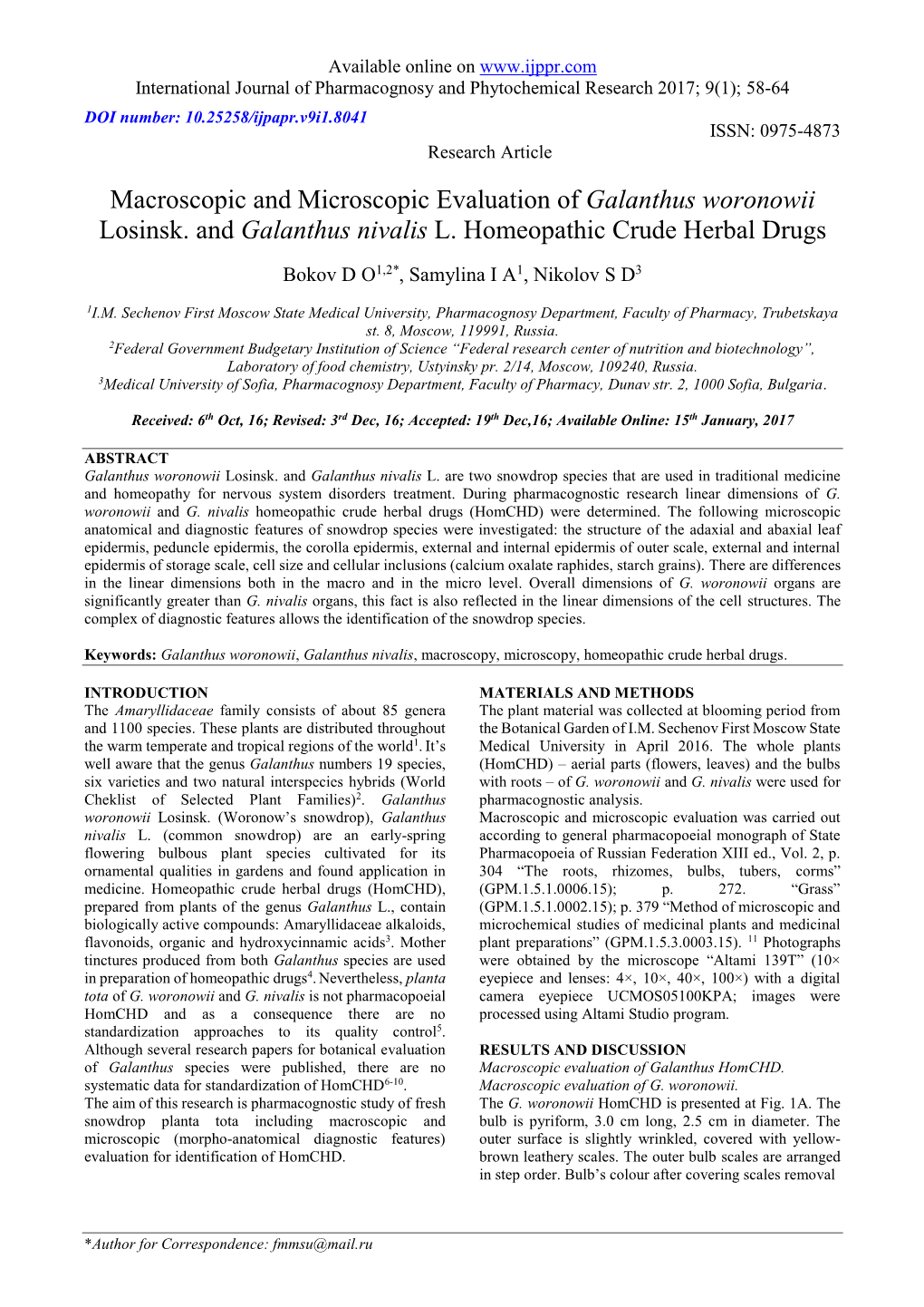 Macroscopic and Microscopic Evaluation of Galanthus Woronowii Losinsk