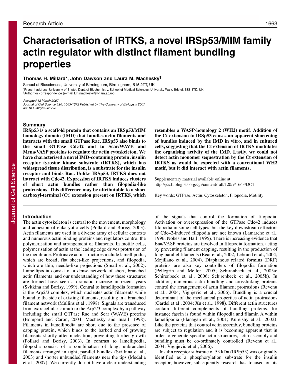 Characterisation of IRTKS, a Novel Irsp53/MIM Family Actin Regulator with Distinct Filament Bundling Properties